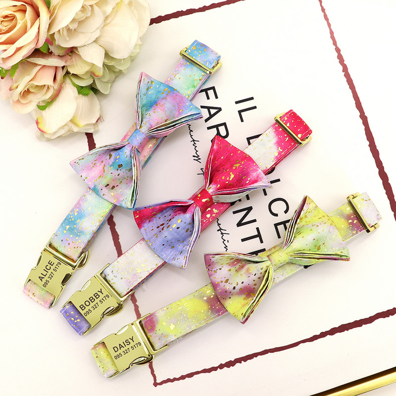 Guler personalizat pentru câini, din nailon, cu papion, cu cataramă pentru câini, etichetă cu nume cu gravură gratuită anti-pierdere. Papion drăguț, flori, accesorii pentru animale de companie