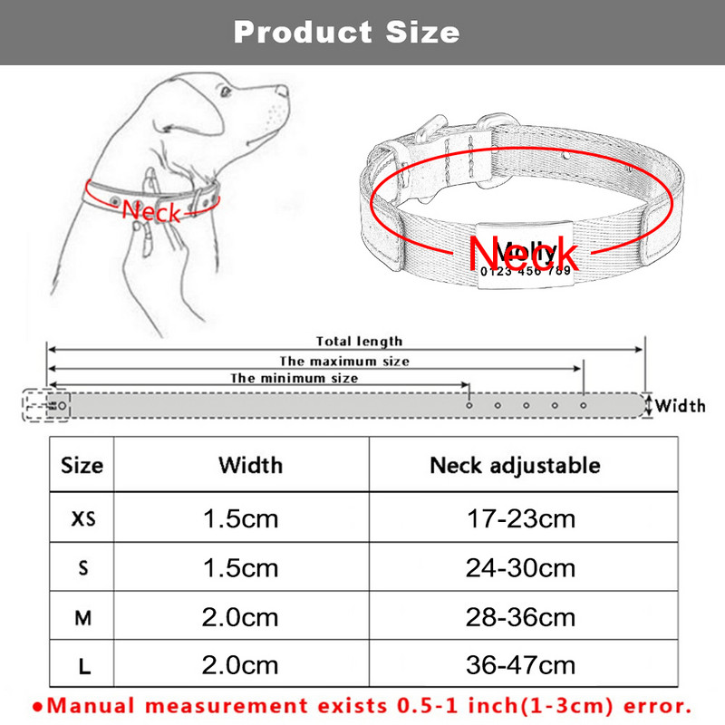 Individuaalselt reguleeritav nailonist kaelarihm, graveerige koera nimi kaelarihm, graveerige telefoni kaotsiminekuvastane kaelarihm, sõltumata soost SML-kaelarihm