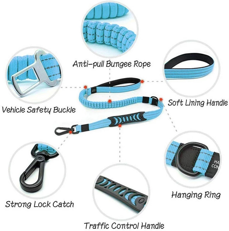 Πολυλειτουργικό λουρί βαρέως τύπου Bungee Dog Reflektive Training Leash 2 Traffic Handle Dog Seat Seat Zog