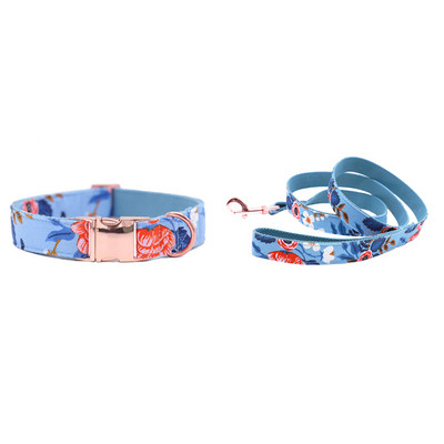 Guler sau lesă pentru câini sau pisici cu funde Design cu puncte gri cu chingă din bumbac, floare albastră