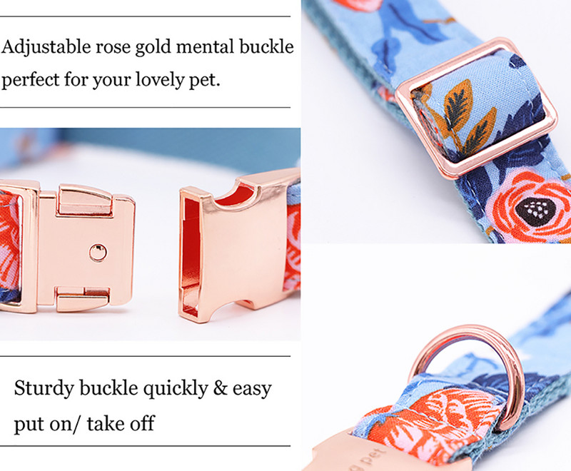 Guler sau lesă pentru câini sau pisici cu funde Design cu puncte gri cu chingă din bumbac, floare albastră