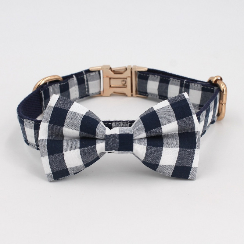 Guler de câine în carouri bleumarin cu papion Colier de bază din bumbac pentru câine și pisică pentru cadou pentru animale de companie