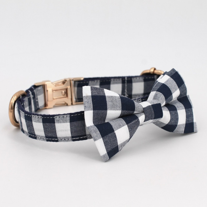 Guler de câine în carouri bleumarin cu papion Colier de bază din bumbac pentru câine și pisică pentru cadou pentru animale de companie