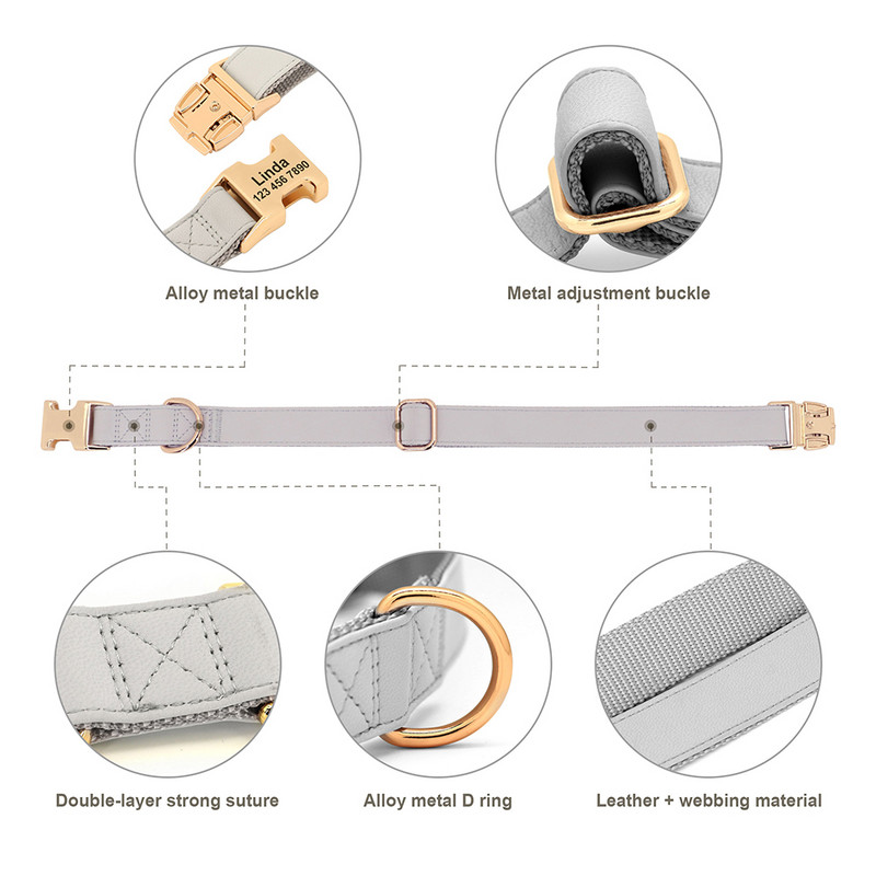 Guler pentru câini gravat din plumb, din piele PU, set de zgardă și lesă pentru animale de companie, colier chihuahua, nume personalizat de identificare pentru câini mici, mijlocii mari