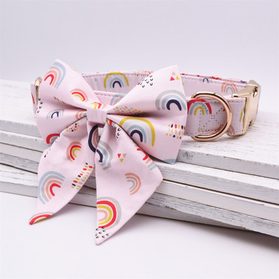 Rainbow dot Girly Dog Collar Bow Dog Flower for Pet Dog Cat με ροζ χρυσή μεταλλική πόρπη