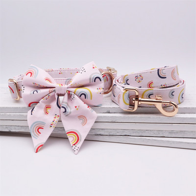 Rainbow dot Girly Dog Collar Bow Dog Flower for Pet Dog Cat με ροζ χρυσή μεταλλική πόρπη