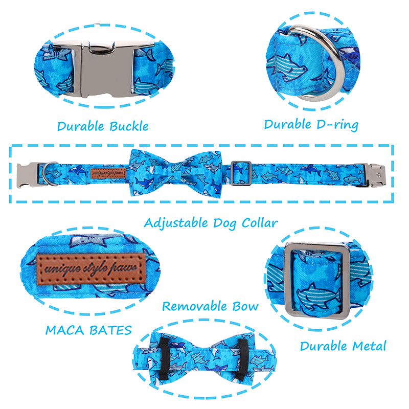 Εξατομικευμένο καλοκαιρινό κολάρο σκύλου με παπιγιόν Shark μπλε κολάρο σκύλου Ρυθμιζόμενο κολάρο για κουτάβι για μεγάλο μεσαίο μικρό σκύλο