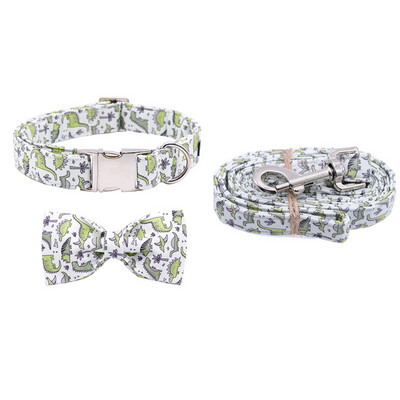 Personalizirani komplet ogrlica za pse i povodca od pamučne tkanine zelenog dinosaura s leptir mašnom za psa Metalna kopča Dodaci za kućne ljubimce