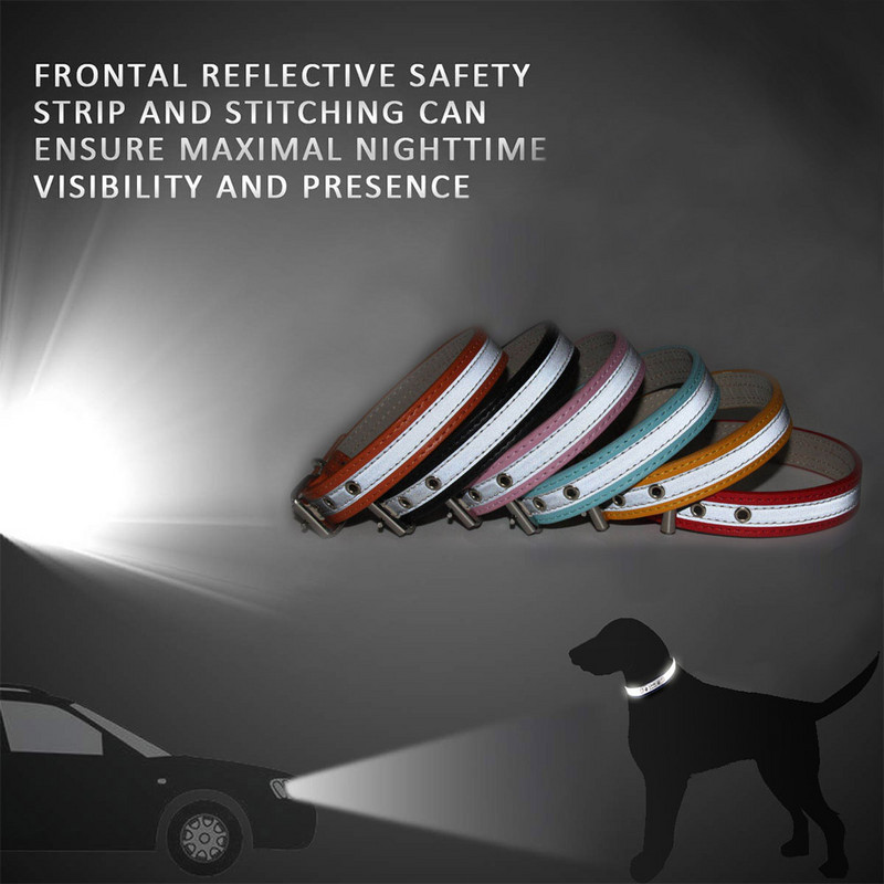 Guler de caine din piele reflectorizanta Guler de siguranta pentru caini mici, mijlocii mari, articole pentru animale de companie, preveni accidentele de masina pe timpul noptii.