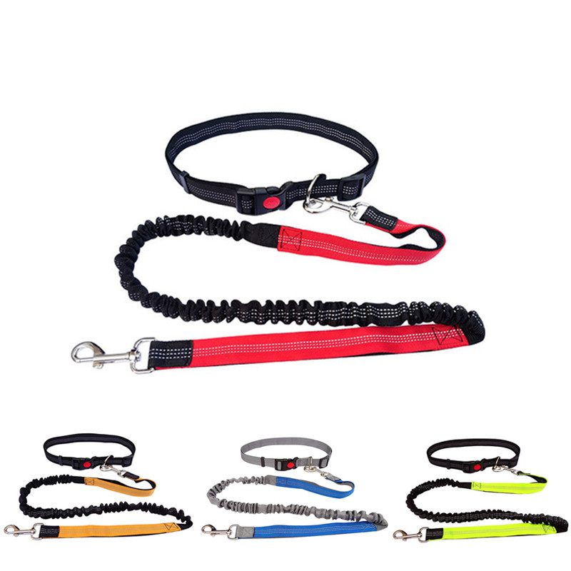 Lesă pentru câini de companie cu bandă reflectorizantă și centură reglabilă pentru talie pentru câini, curea de plumb cu frânghie de tracțiune pentru alergare și jogging, fără mâini.
