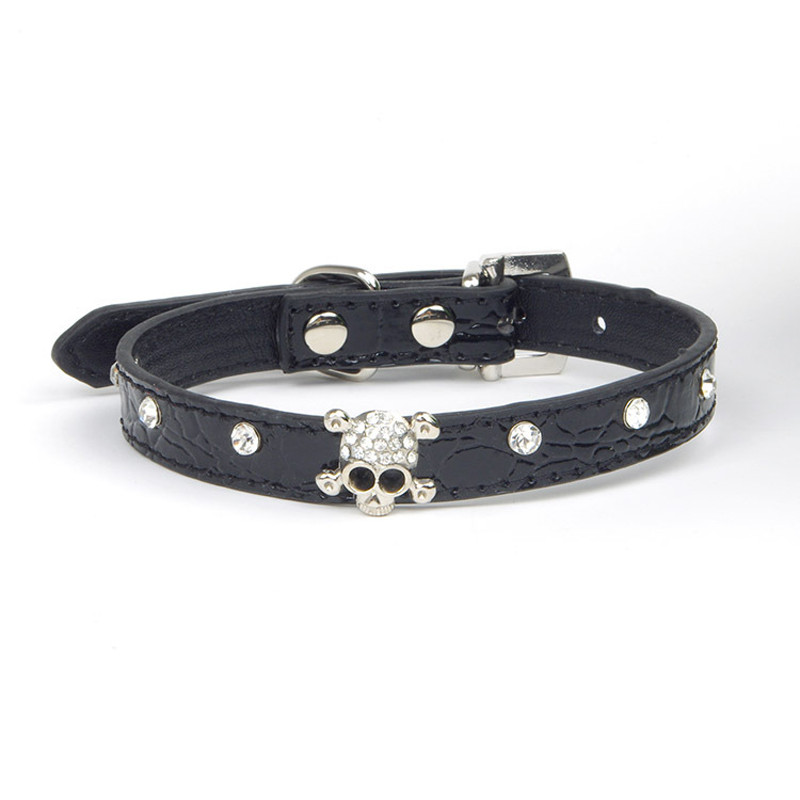 Guler pentru câini mic Piele PU Cristal Craniu Strass Colier Cățeluș Accesorii pentru pisici Chihuahua Dachshunds Guler pentru câini