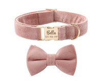Set cu fundă și lesă de guler personalizat pentru câine roz, guler pentru câine de catifea nuntă, guler pentru câine pentru fete, guler pentru câine de lux cu nume gravat