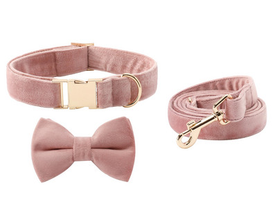 Set cu fundă și lesă de guler personalizat pentru câine roz, guler pentru câine de catifea nuntă, guler pentru câine pentru fete, guler pentru câine de lux cu nume gravat