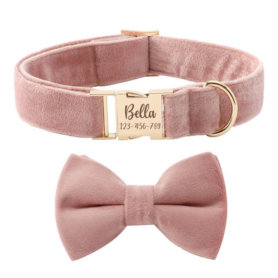 Set cu fundă și lesă de guler personalizat pentru câine roz, guler pentru câine de catifea nuntă, guler pentru câine pentru fete, guler pentru câine de lux cu nume gravat