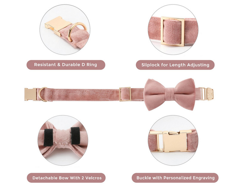 Set cu fundă și lesă de guler personalizat pentru câine roz, guler pentru câine de catifea nuntă, guler pentru câine pentru fete, guler pentru câine de lux cu nume gravat