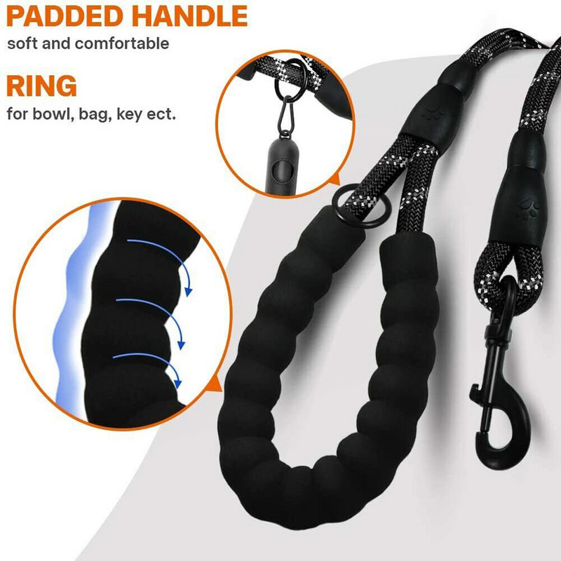 Eriti tugev helkurnöör, vahupolsterdatud käepidemega jalutusrihm 5 jalga 150 cm