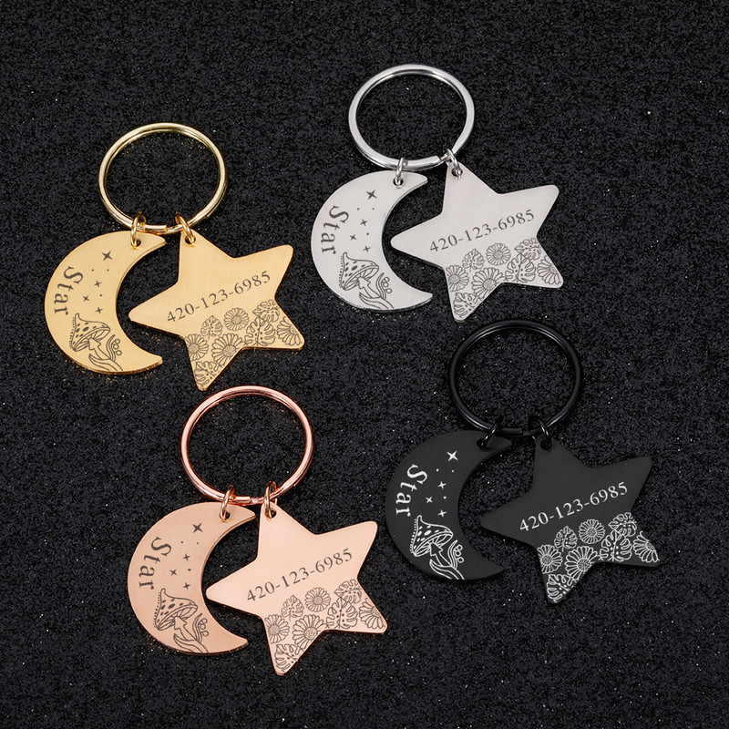 Pisici Câini Etichete de identificare Luna și stea personalizate pentru zgarda mici și mari Accesorii pentru animale de companie Breloc cu nume Etichete cu nume personalizate gravate