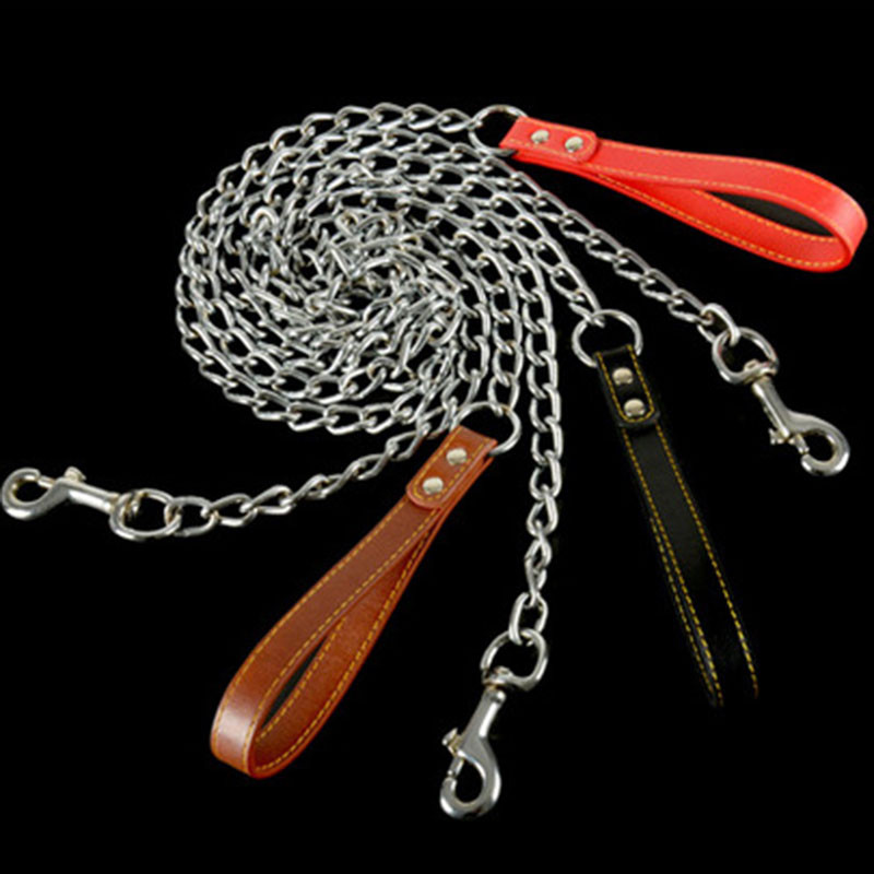 Lesă cu lanț greu pentru câini rezistent la mestecat 120 cm lesă metalică pentru câini cu mâner din piele artificială pentru dresajul câinilor de talie medie