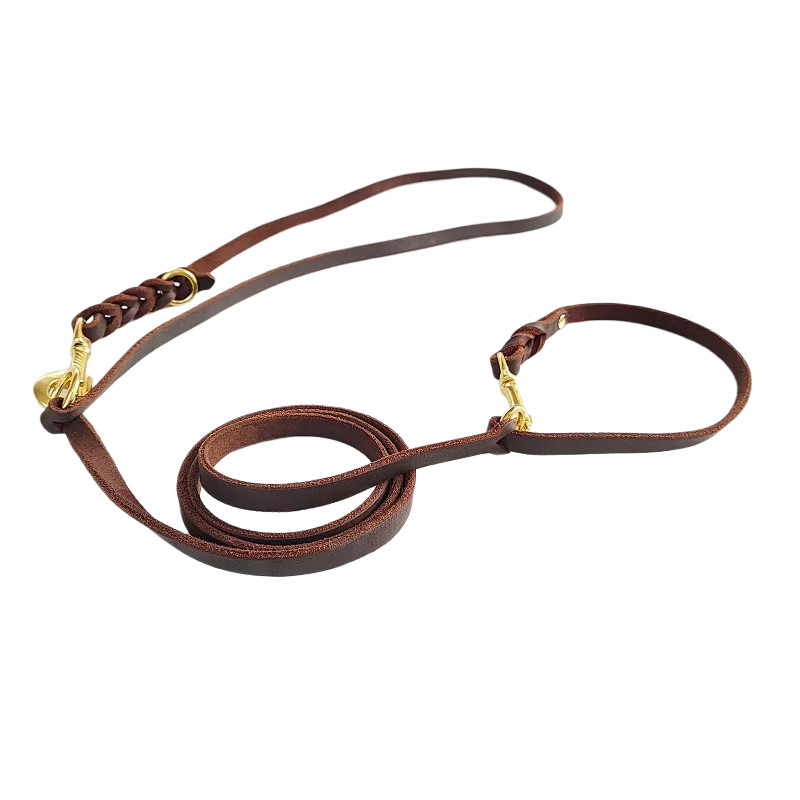 Δύο μεγάλα λουριά σκύλου πλεγμένα από αληθινό δέρμα Διπλά λουριά Π κολάρο αλυσίδας Πολυλειτουργικό μακρύ κοντό μεγάλο μόλυβδο εκπαίδευσης για περπάτημα σκύλου