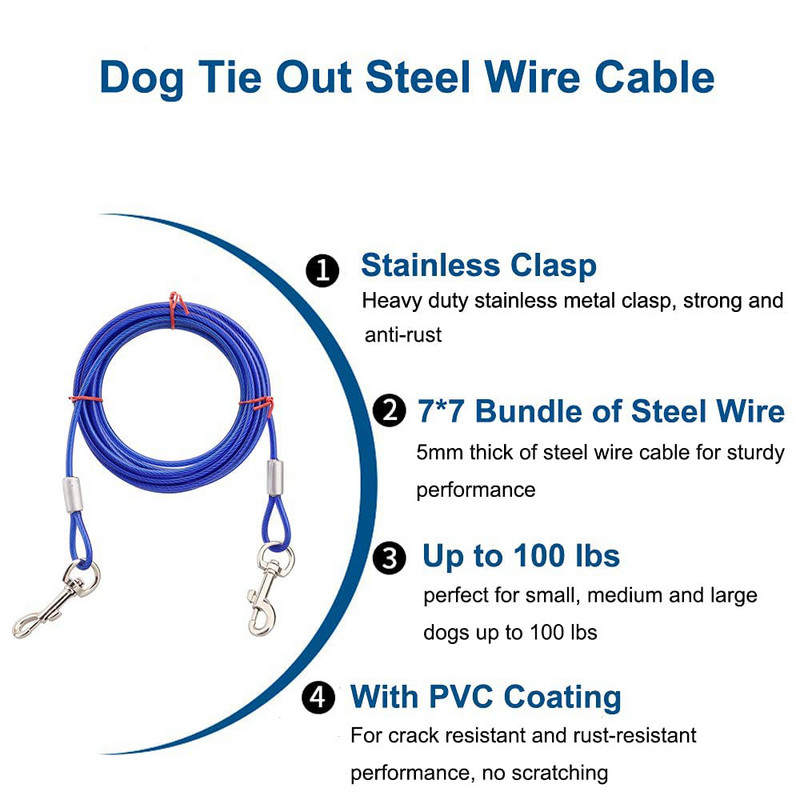 Dog Tie Out Cable Chain 10 ft, για μικρούς μεσαίους μεγάλους σκύλους έως 100 lbs - Λουρί σκύλου για εξωτερικούς χώρους, αυλή, κάμπινγκ