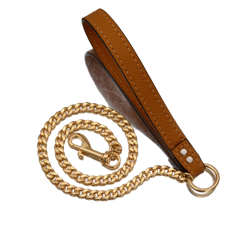 Λουρί κατοικίδιων ζώων από ανοξείδωτο ατσάλι Εκπαίδευση λουριών σκύλου Λουρί κατοικίδιων ζώων Χρυσό λουρί σκύλου βαρέως τύπου κατά της μάσησης Δερμάτινη λαβή αλυσίδας λουριών κατοικίδιων ζώων