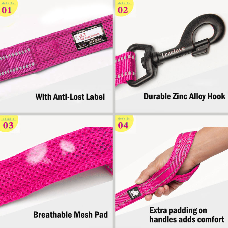 Truelove 110 εκ. Διχτυωτό λουρί σκύλου με επένδυση ροζ Ανθεκτικό ανακλαστικό λουρί ασφαλείας για σκύλους κατοικίδιων ζώων Lead Leashing Nylon Λουριά εκπαίδευσης σκύλου