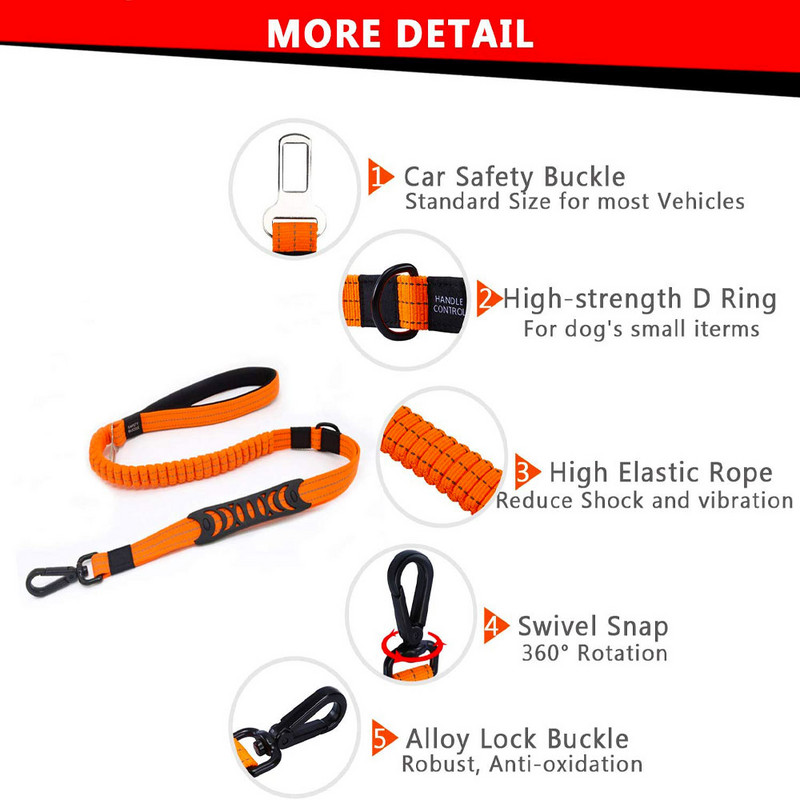 Lesă puternică pentru câini bungee cu reflectoare pentru câini mijlocii mari Lesă multifuncțională cu absorbție a șocurilor cu centură de siguranță pentru mașină 2 mânere