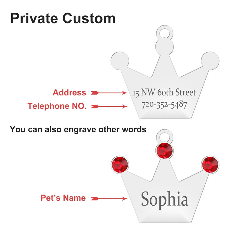 Etichete personalizate pentru câini, pisică, cățeluș, ID pentru animale de companie, guler, etichetă cu pandantiv, accesorii pentru animale de companie, coroană de cristal, bijuterii pentru animale de companie, gravare cu laser, dropship