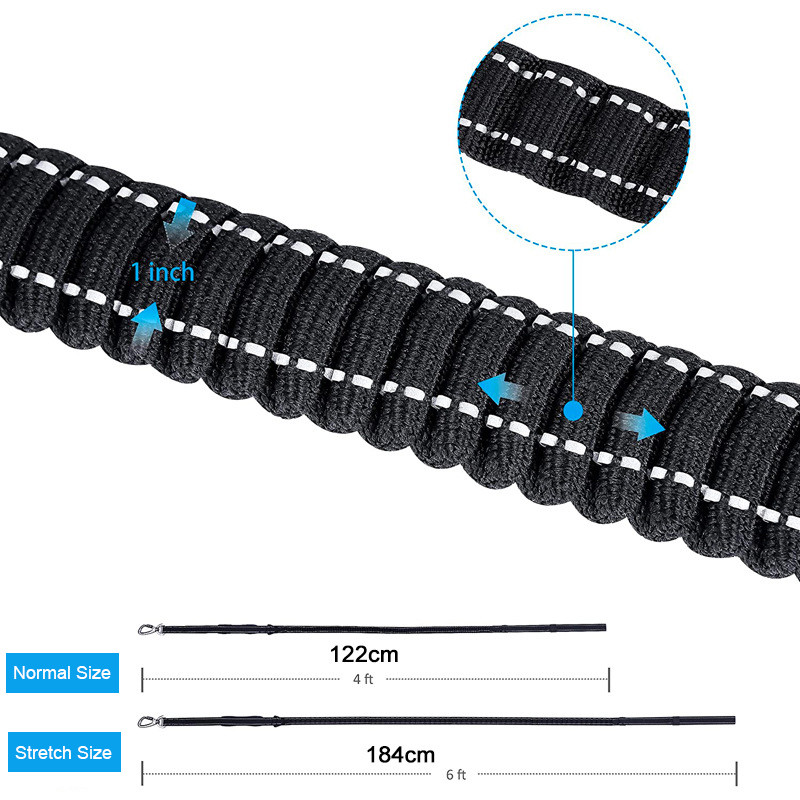 Луксозна здрава голяма каишка за кучета с двойна употреба с предпазна катарама за кола и подплатена дръжка Еластично въже за късо издърпване, светлоотразителен черен повод за кучета