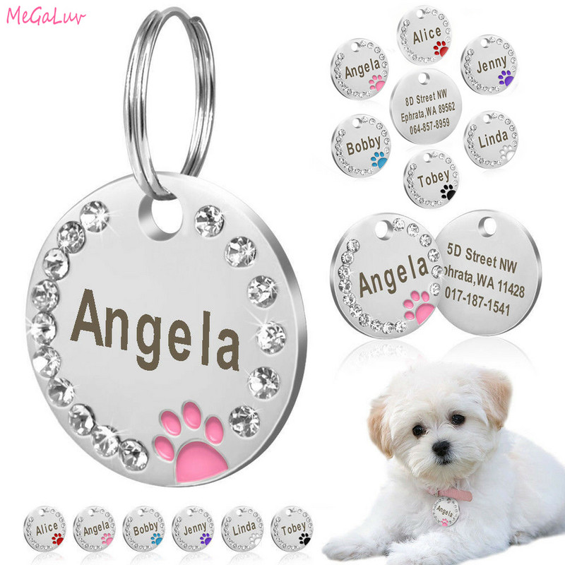 Guler anti-pierdut pentru etichetă pentru câini, cu diamant, fără etichetă de identificare personalizată gravată pentru cățeluș, pisică, placă de identificare din oțel inoxidabil pentru câini