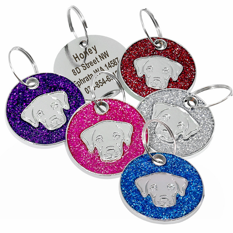 Etichetă pentru câine Gravată personalizată Accesorii pentru zgarda de câine Nume personalizat pentru cățeluș Etichetă de identificare telefonică Etichetă rotundă cu sclipici pandantiv personalizat