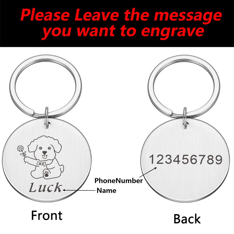 Etichetă de identificare pentru câine Etichete cu nume personalizate Plăcuță de identificare gravată gratuită personalizată Etichete cu nume pandantiv anti-pierdere Breloc din metal pentru gulerul de cățeluș de companie