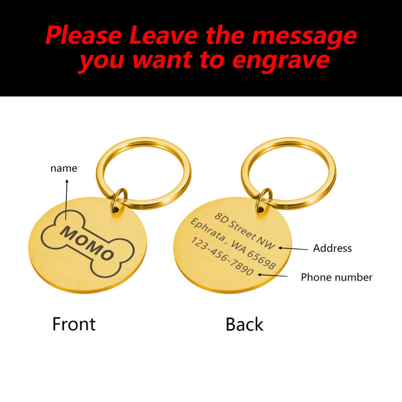 Personalizēta nerūsējošā tērauda gravēšana Mājas suņa identifikācijas zīme Pielāgots numurs Nosaukums Kaķa zīme Apkakles Kauls Nosaukuma plāksnīte Pretnozaudēšanas piekariņi