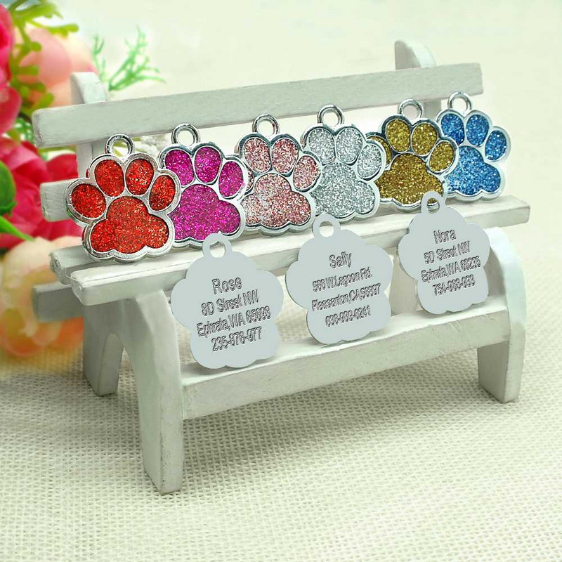 PAW Pet Dog Tags Glitter Personalized Cat Puppy ID Tag Apkakles birkas iegravētas Bezmaksas