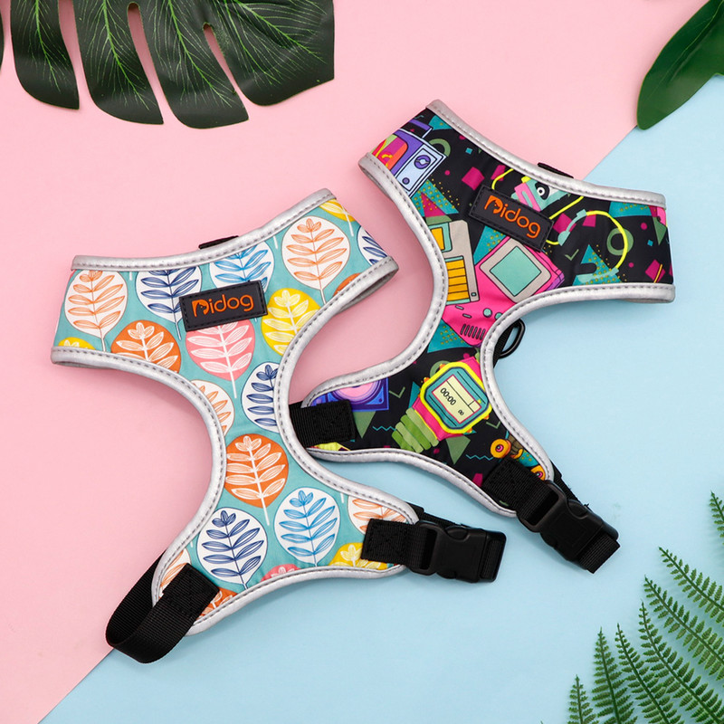 Nailon respirabil, ham pentru câini, fără tragere, ham reflectorizant, ajustabil, imprimat, pentru câini de talie mică, mijlocie, pisici