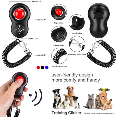 Clicker pentru dresaj de câini pentru pisici de companie, cu bandă pentru încheietura mâinii, cu buclă pentru degete, set de instrumente de design profesional umanizat științific pentru animale de companie