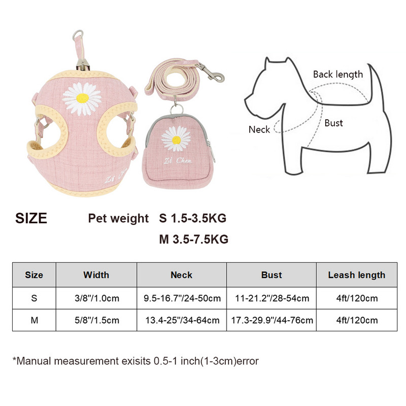 Set de ham și lesă pentru câini, broderie, respirabil, reglabil, pentru gustare, ham pentru pisici, pentru câini de talie mică, mijlocie, vestă, lesă, accesorii pentru câini