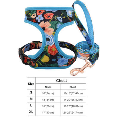 Set de lesă pentru ham pentru câini cu flori de imprimare, cu flori de pădure, pentru cățeluș, pentru vestă, lesă reglabilă pentru câini mici, mijlocii mari, chihuahua