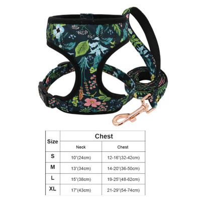 Set de lesă pentru ham pentru câini cu flori de imprimare, cu flori de pădure, pentru cățeluș, pentru vestă, lesă reglabilă pentru câini mici, mijlocii mari, chihuahua