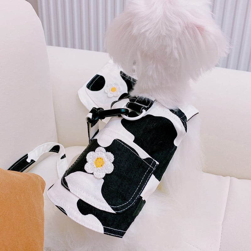 Set de lesă pentru ham pentru pisici pentru câini, drăguț cu imprimeu de vaci, ham pentru animale de companie, vestă denim, cățeluș, rochie pentru câini mici, fustă, haine, articole pentru animale de companie chihuahua