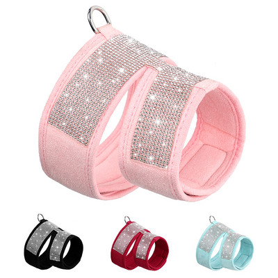 Bling Rhinestone suņu zirglietas Mīkstas zamšādas ādas kucēnu kaķu veste iejūga Jauki Rhinestone aksesuāri maziem un vidējiem suņiem kaķiem