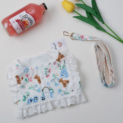 Dantela Floral Câine Pisică Harnaș Set de lesă Reglabil Vesta pentru animale de companie Cățeluș Pisici Rochie de prințesă Fusta Plimbare Plumb Accesorii Chihuahua