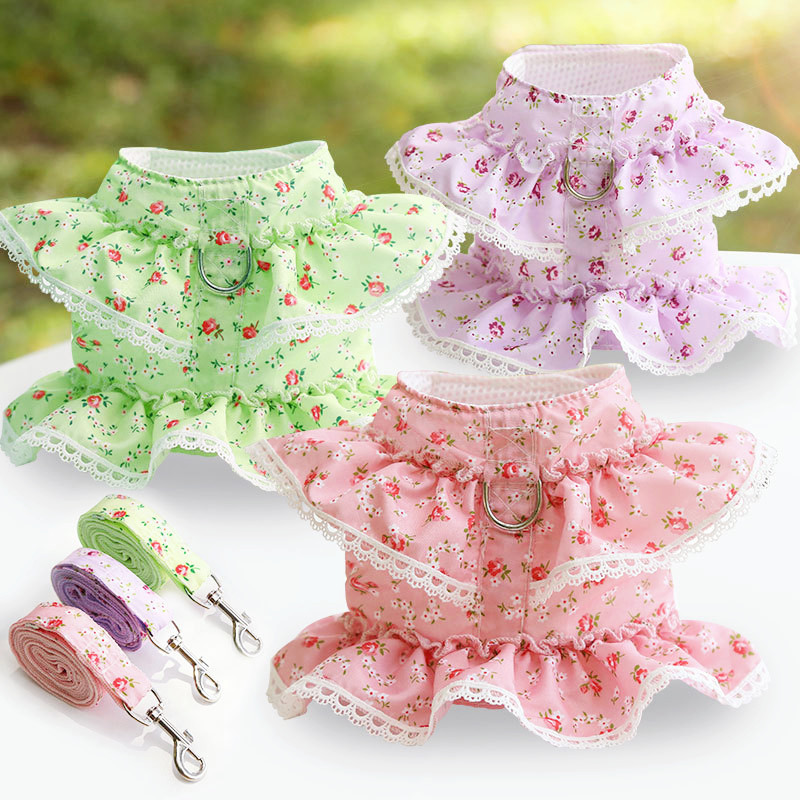 Harnaș ieftin pentru animale de companie pentru Chihuahua Câini de pluș Colier din lesă de pisică Haine florale pentru cățeluș Lead pentru rochie Imprimare guler din dantelă Comerț cu ridicata