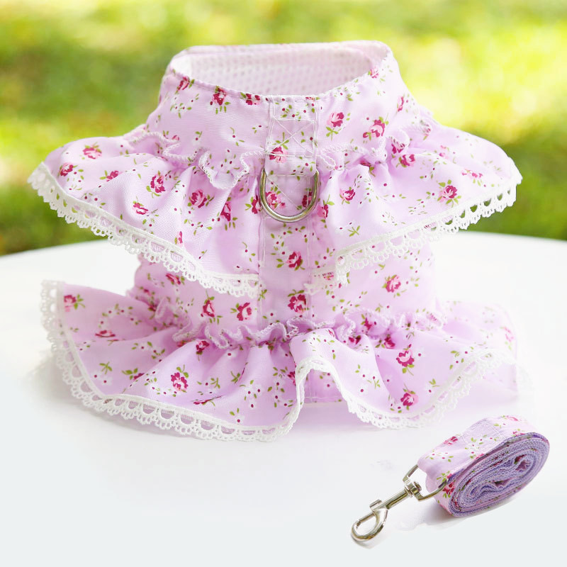 Harnaș ieftin pentru animale de companie pentru Chihuahua Câini de pluș Colier din lesă de pisică Haine florale pentru cățeluș Lead pentru rochie Imprimare guler din dantelă Comerț cu ridicata