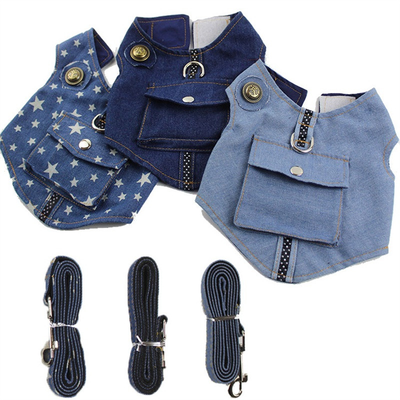 Set de hamuri de blugi de blugi pentru câini, 3 mărimi, pentru jachetă, cu inel D, cu lesă, pentru pisici.