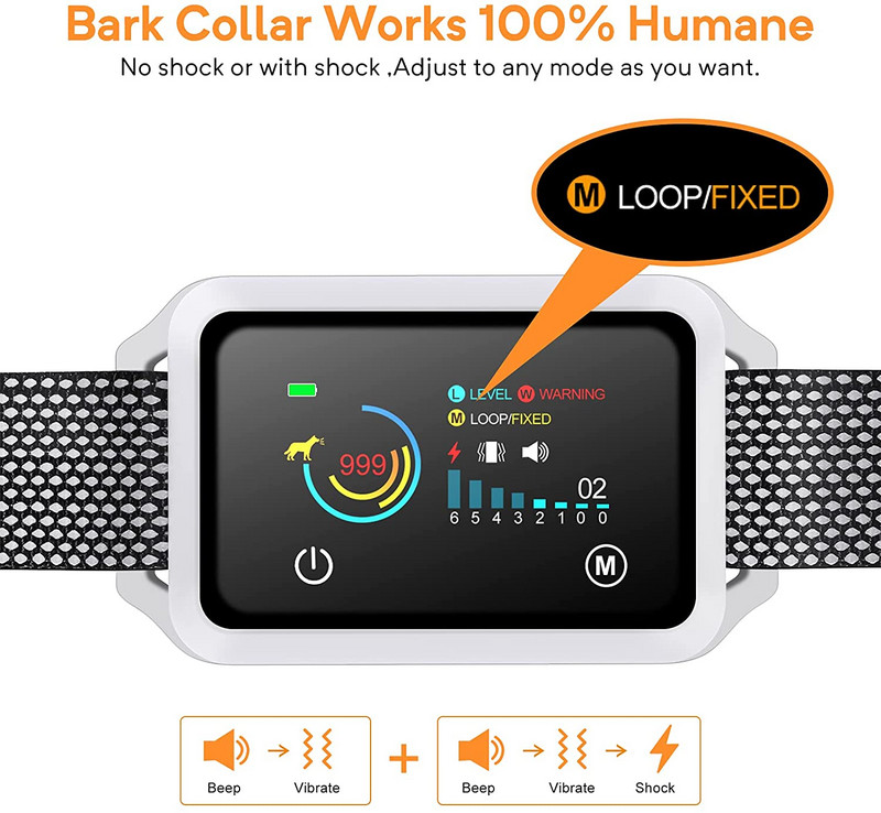 Laetav haukumisvastane koera kaelarihm IP68 elektrilöögi vibratsiooni haukumise kontrolli treeningrihm piiksuga koerte tarvikute jaoks