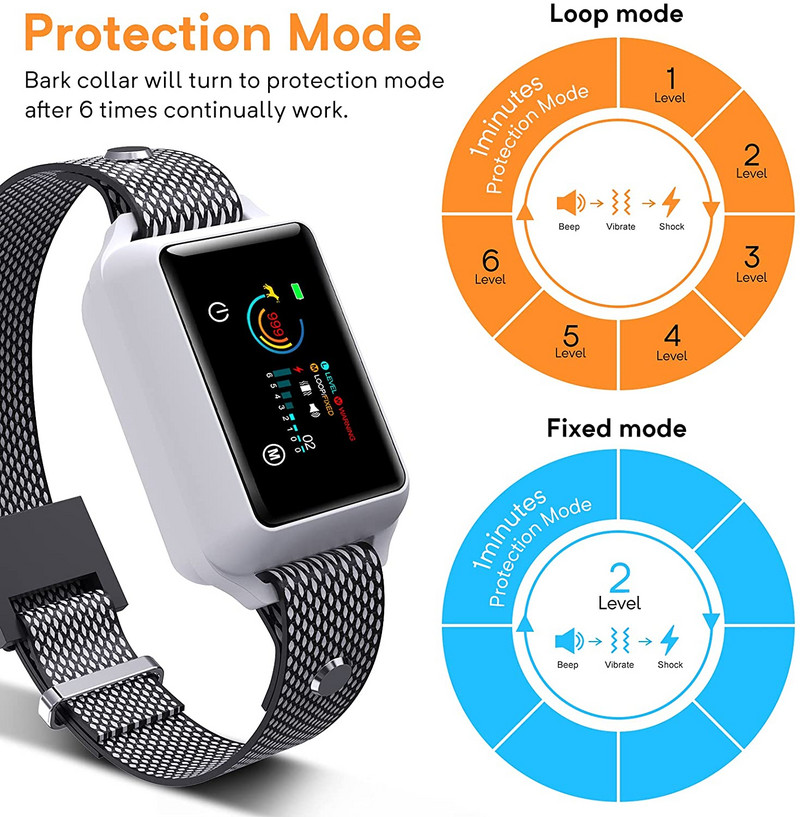 Laetav haukumisvastane koera kaelarihm IP68 elektrilöögi vibratsiooni haukumise kontrolli treeningrihm piiksuga koerte tarvikute jaoks