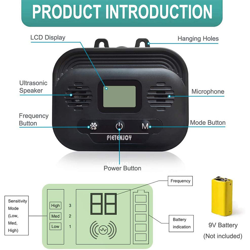 Ultragarsinis nuo lojimo kontrolės atgrasantis lojimo duslintuvas Lojimą stabdantis mokymo valdymo įtaisas su ekranu, skirtas šunims iki 50 pėdų