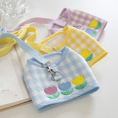 Set de ham pentru pisici pentru câini lalele și set de lesă din plumb, în carouri, vestă pentru cățeluș, accesorii pentru câini de talie mică, broderie, articole de plimbare pentru pisoi York