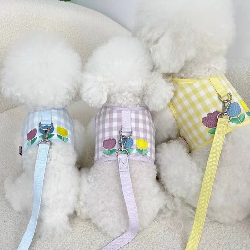 Set de ham pentru pisici pentru câini lalele și set de lesă din plumb, în carouri, vestă pentru cățeluș, accesorii pentru câini de talie mică, broderie, articole de plimbare pentru pisoi York